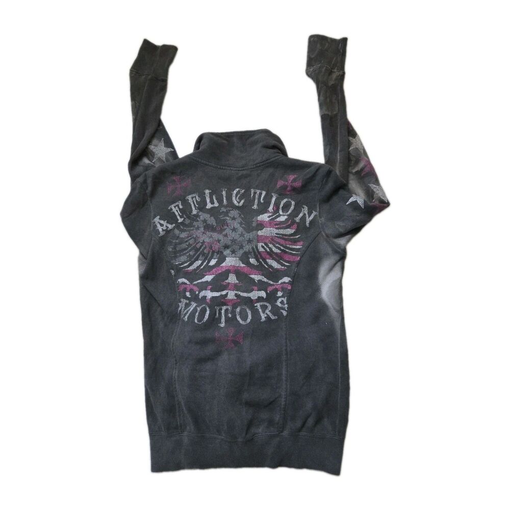 VTG Affliction Motors Black Gray Moto Full Zip Graphic Sweatshirt Jacket Women L